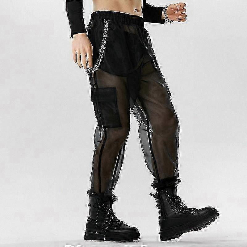 Men's Mesh See-Through Cargo Pants with Elastic Waist