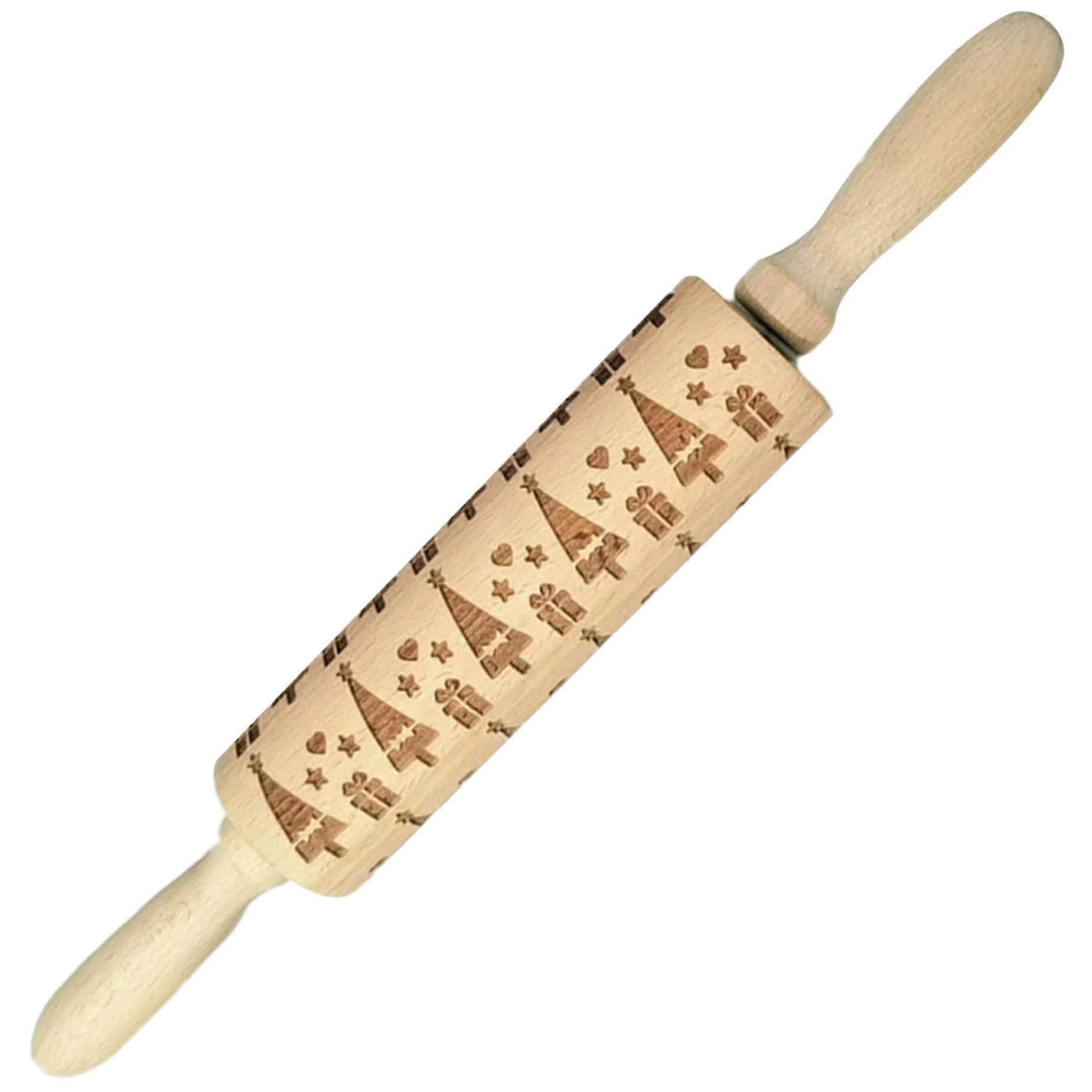 Embossed Rolling Pin with Christmas Tree Engraving 14 Inch Wooden for Holiday Cookie Baking