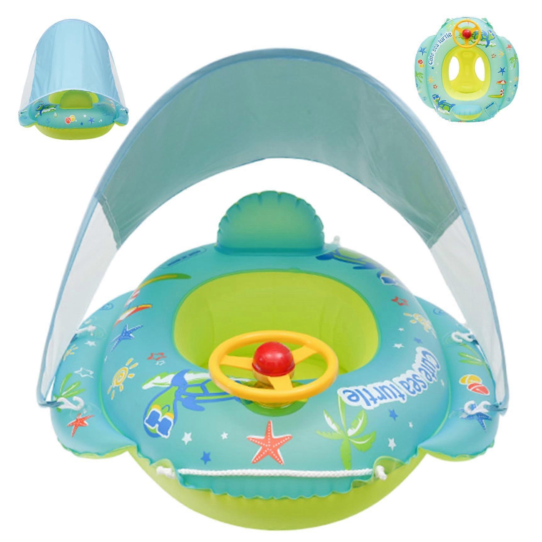 Baby Pool Float with UV Protection Canopy, Inflatable Toddler Swim Seat with Steering Wheel for Ages 14