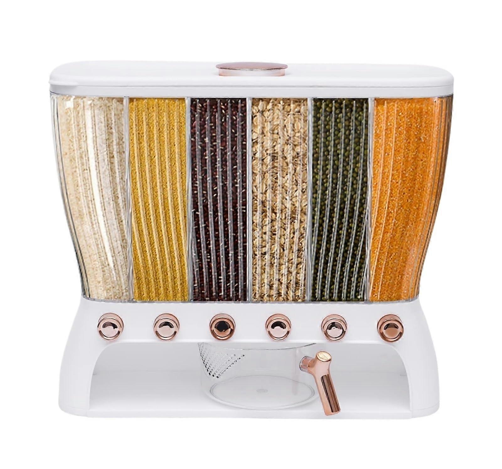 6 Grid Rice and Cereal Dispenser with Measuring Cup, Large Capacity Dry Food Storage for Kitchen