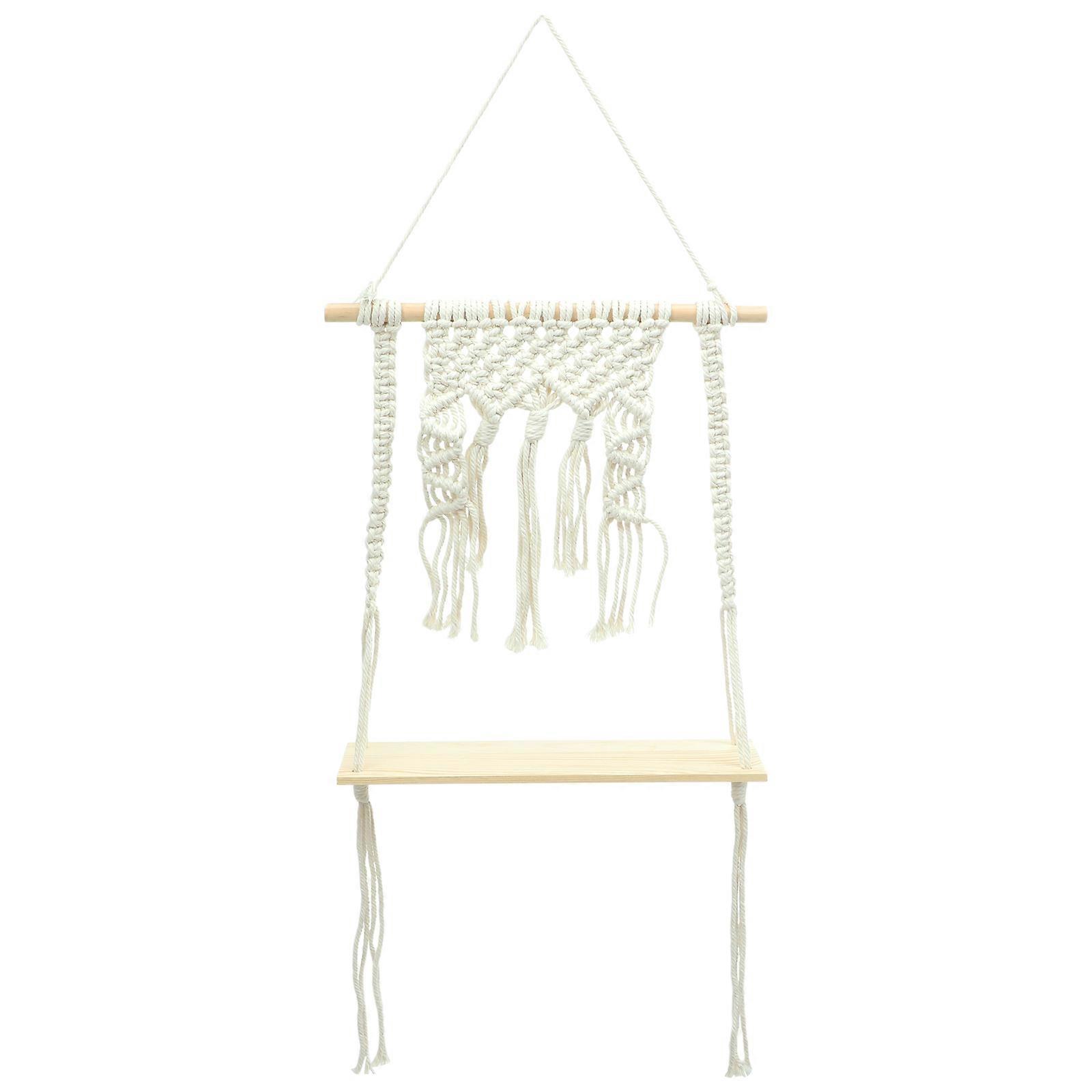 Wooden Macrame Shelf For Room Decoration Featuring Rectangular Design Suitable For Small Spaces 65X35cm Wall Decoration 4Pcs