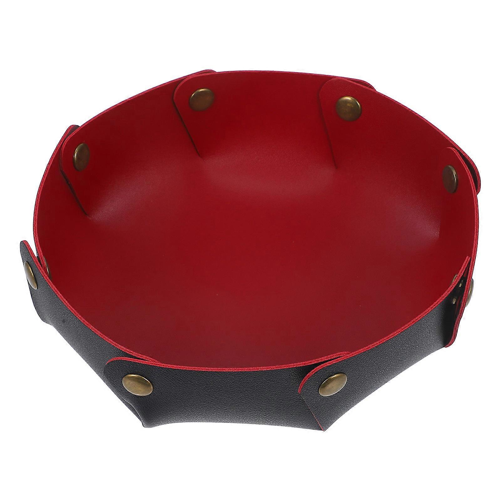 Red PU Storage Tray for Keys and Trinkets Organizer Desktop Round Plate 7.5 inches