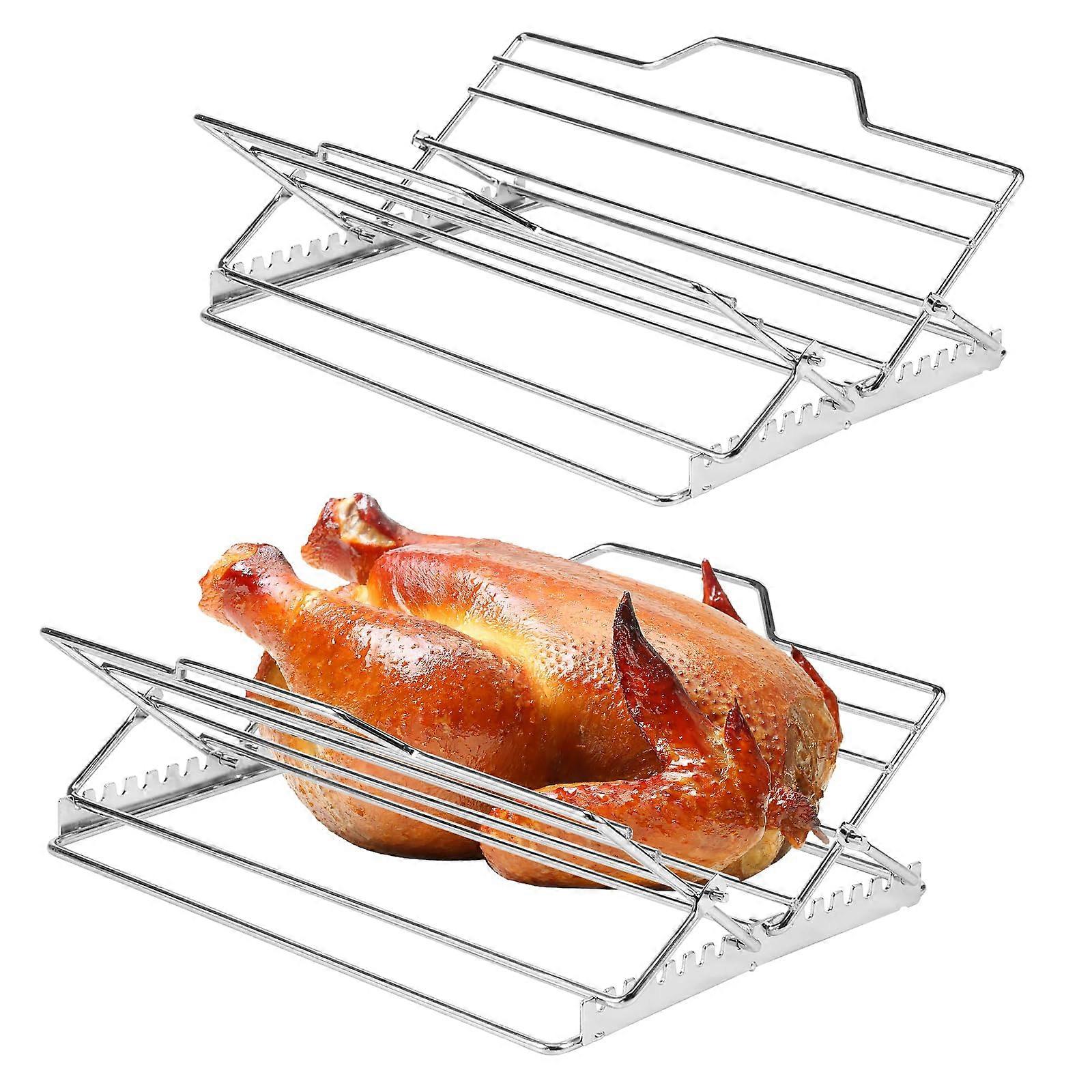 Adjustable Stainless Steel Turkey Roasting Rack VShaped for Oven Pan, Foldable SpaceSaving Design