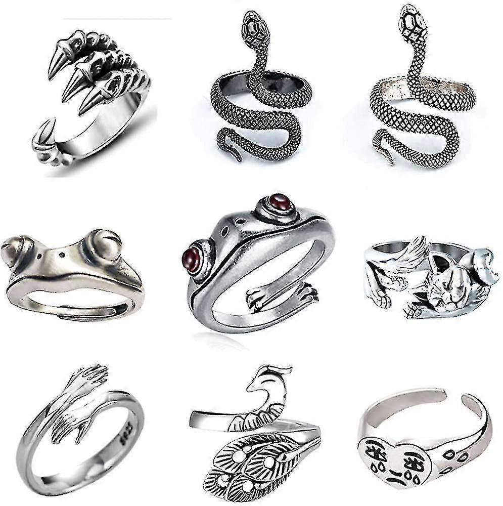 9st Silver pläterade Vintage Frog Rings, Orm justerbar ring set