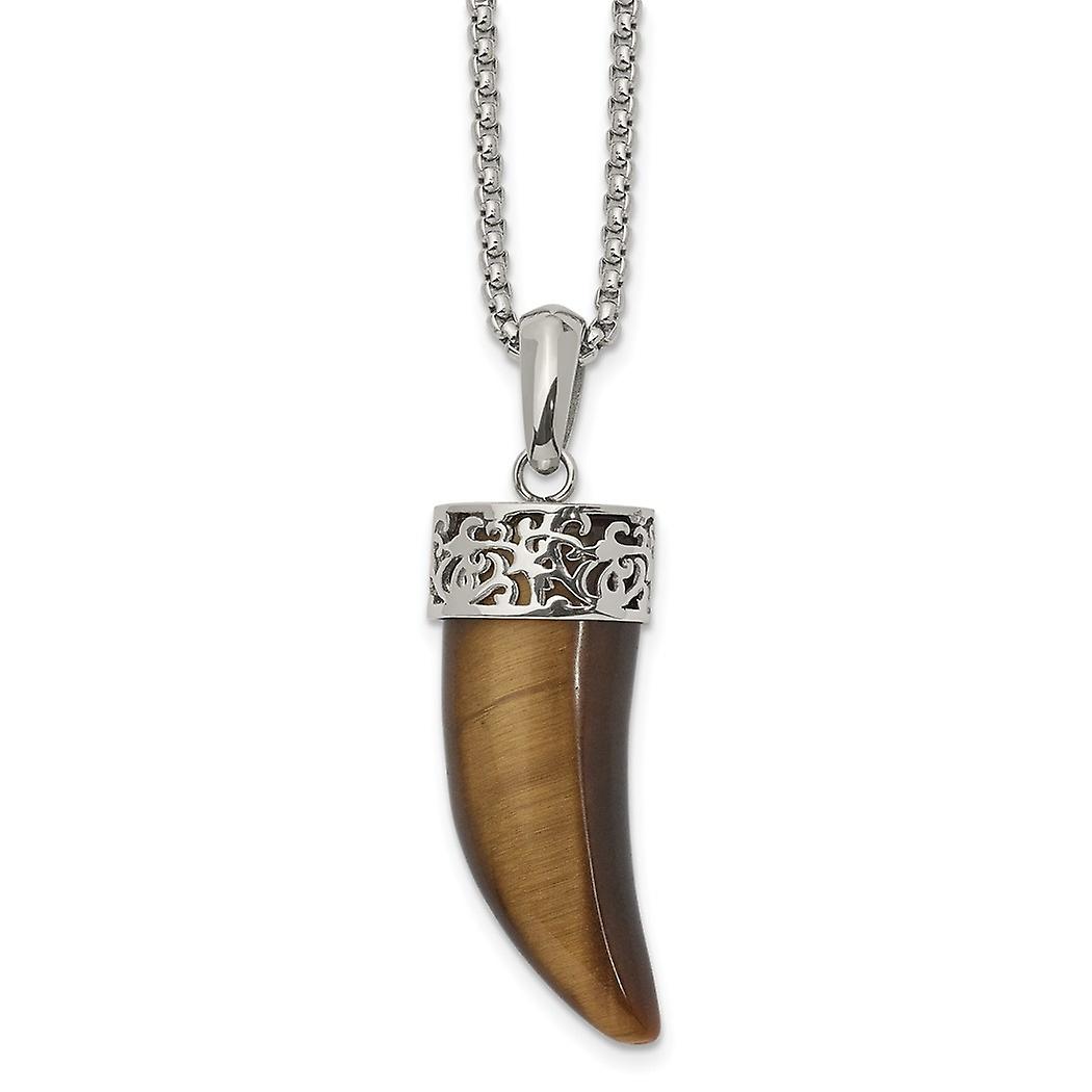 2.05mm Stainless Steel Polished Tigers Eye Horn Pendant a Box Chain Necklace 24 Inch Chain-Necklace for Women and Men