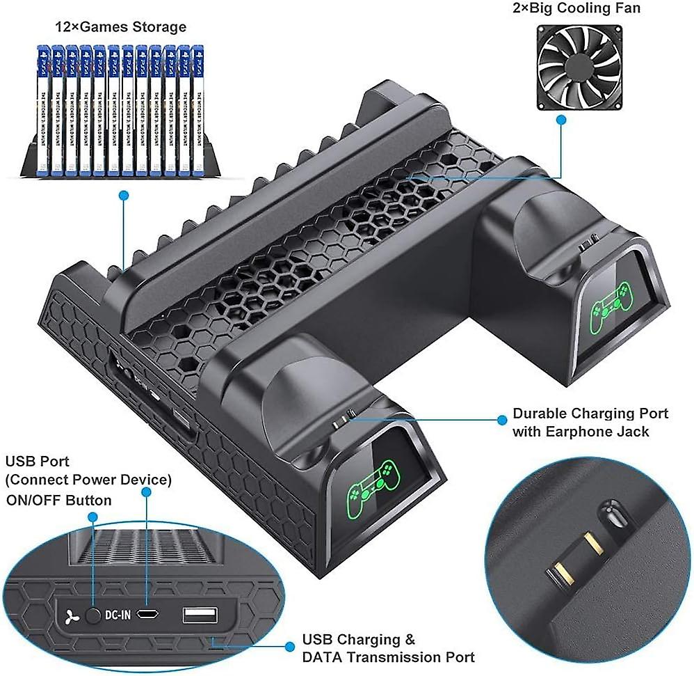 Ps4 Fan, Ps4 Cooler, Ps4 Stand With Ps4 Controller Charging Station For Playstation 4/ps4 Pro/slim