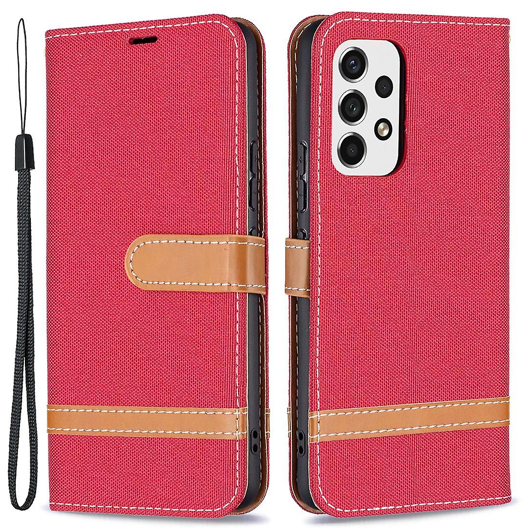 Color Splicing Jeans Cloth Clasp Stand Wallet Phone Case with Carrying Lanyard for Samsung Galaxy A5