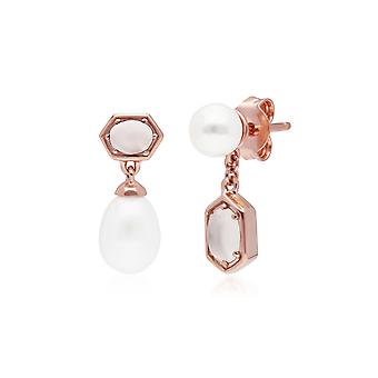 Modern Pearl & Moonstone Mismatched Drop Earrings in Rose...