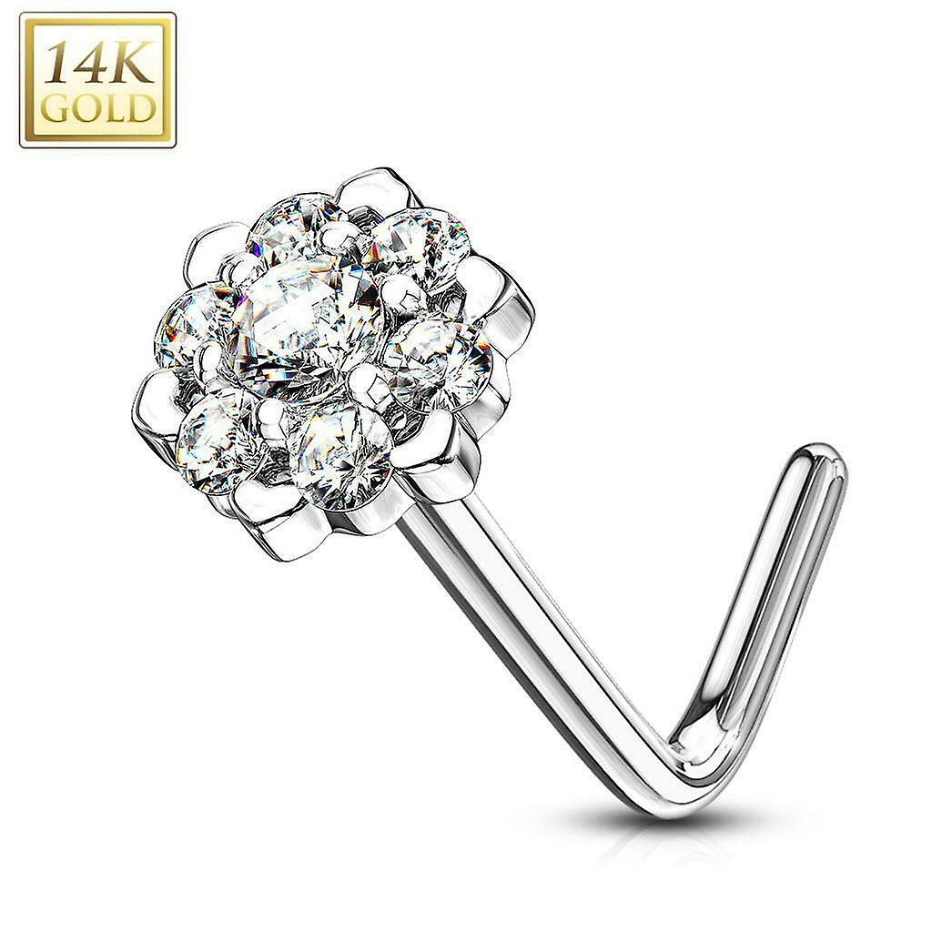 鼻环 L 形弯头，带爪 cz 宝石铺砌外圈，6 点花 14kt gd 20g