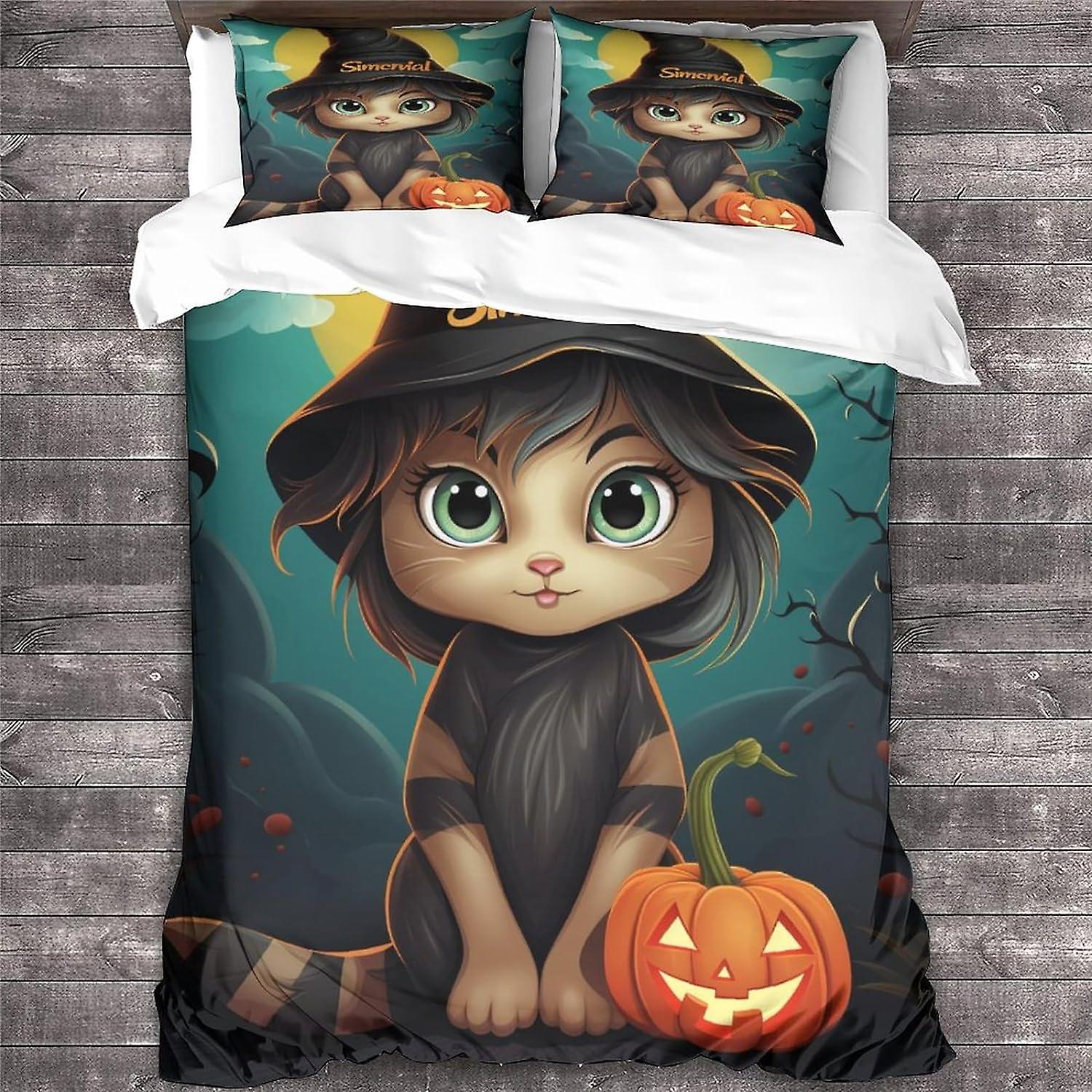 LikeEj 3 قطع غطاء لحاف القط مع أكياس وسائد ، طقم مفروشات بطبعة الهالوين مع إغلاق بسحاب ، غطاء لحاف مزدوج