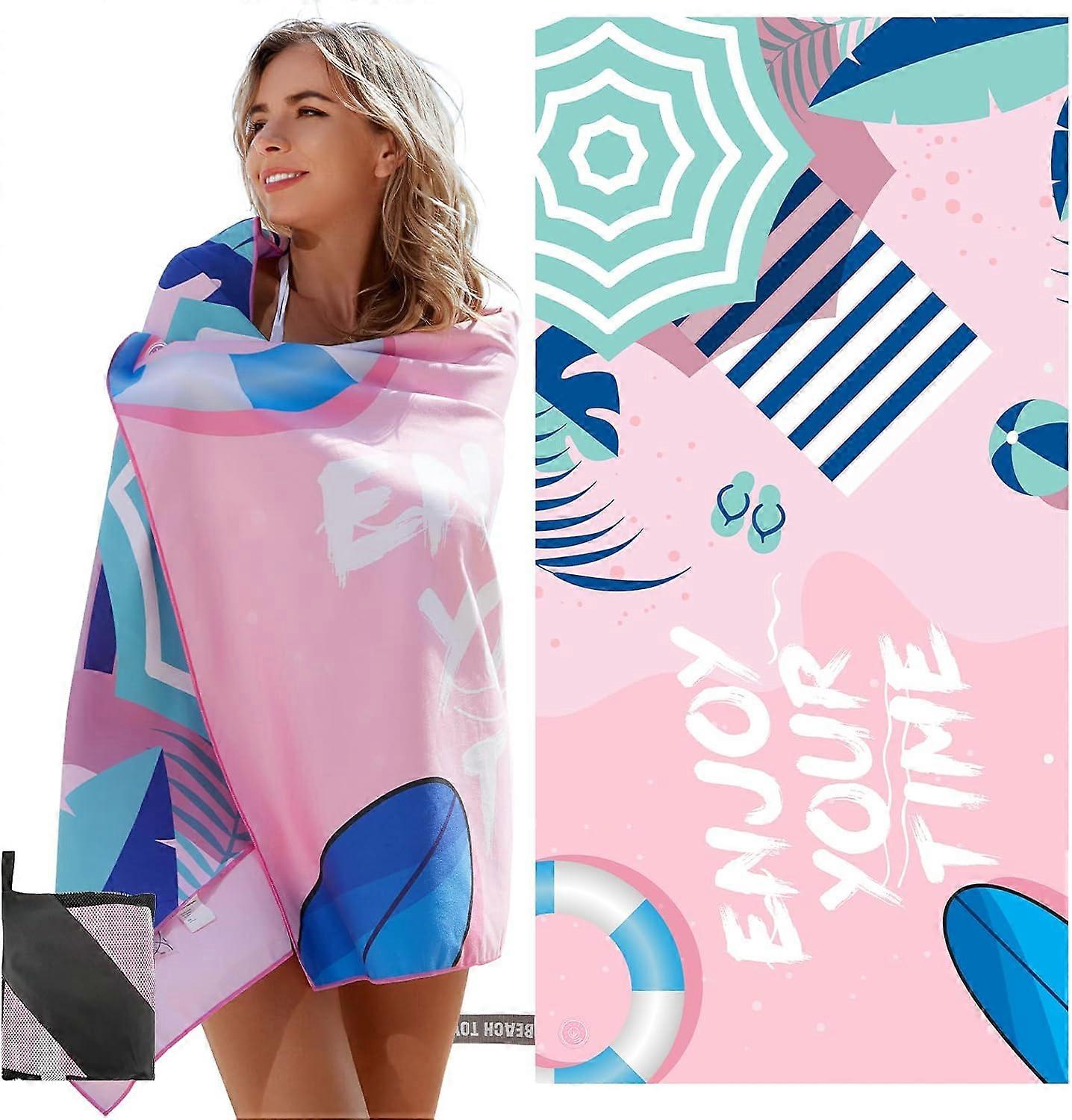 Beach Towel with UV Labels, Beach Mat, Microfiber Material, Sand-Free, Suitable Size (18090cm), Quick Dry, Elastic Rope Design, Storage Bag, Pink