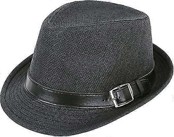 Plain Panama Style Triangle Hat Straw Hat With Leather Belt Sun Hat   Black