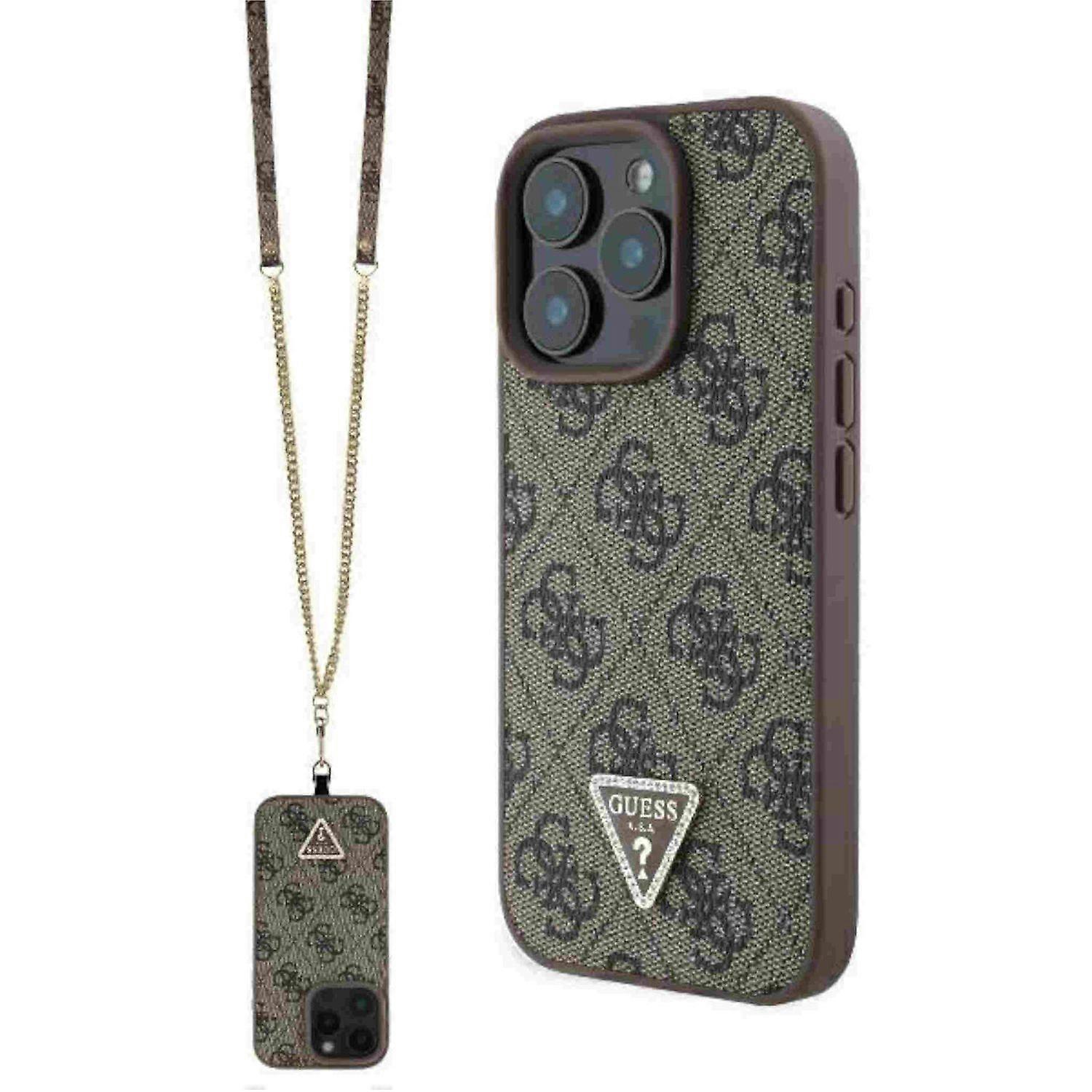 GUESS Apple iPhone 16 Pro מתכת לוגו ריינסטון Crossbody נרתיק חום