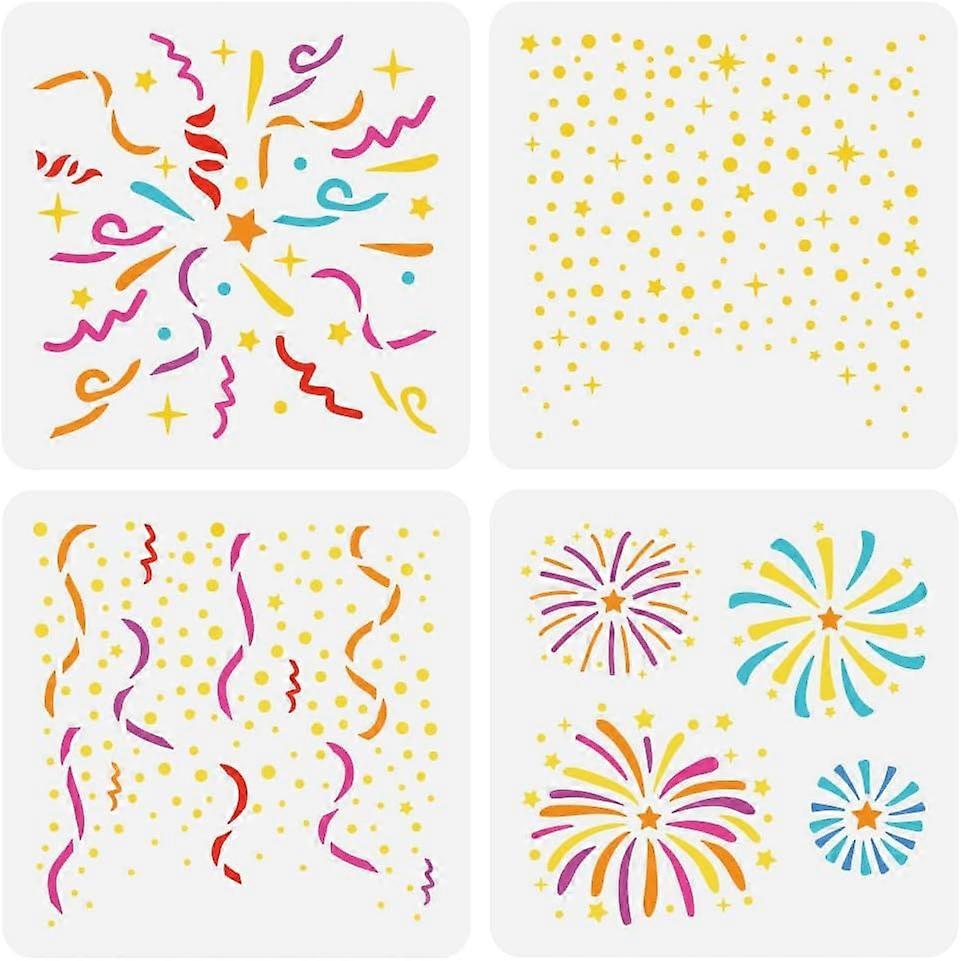 4PCS Confetti Mini Sign Stencils 5.9x5.9inch New Year Greeting Card Background Stencil Happy New Year Stencil Fireworks Pattern Craft Stencil for Pain