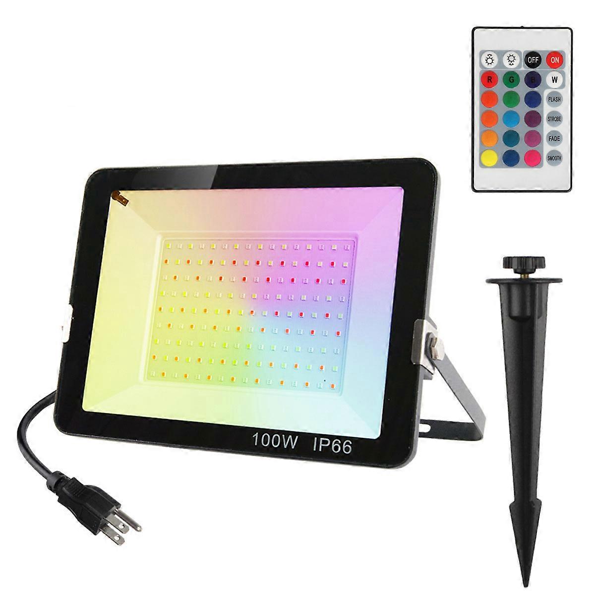 100w Outdoor Rgb Color Changing Led Flood Light With Super Bright Security Lighting, Plug In Multicolored Dimmable Landscape Spotlight Floodlight