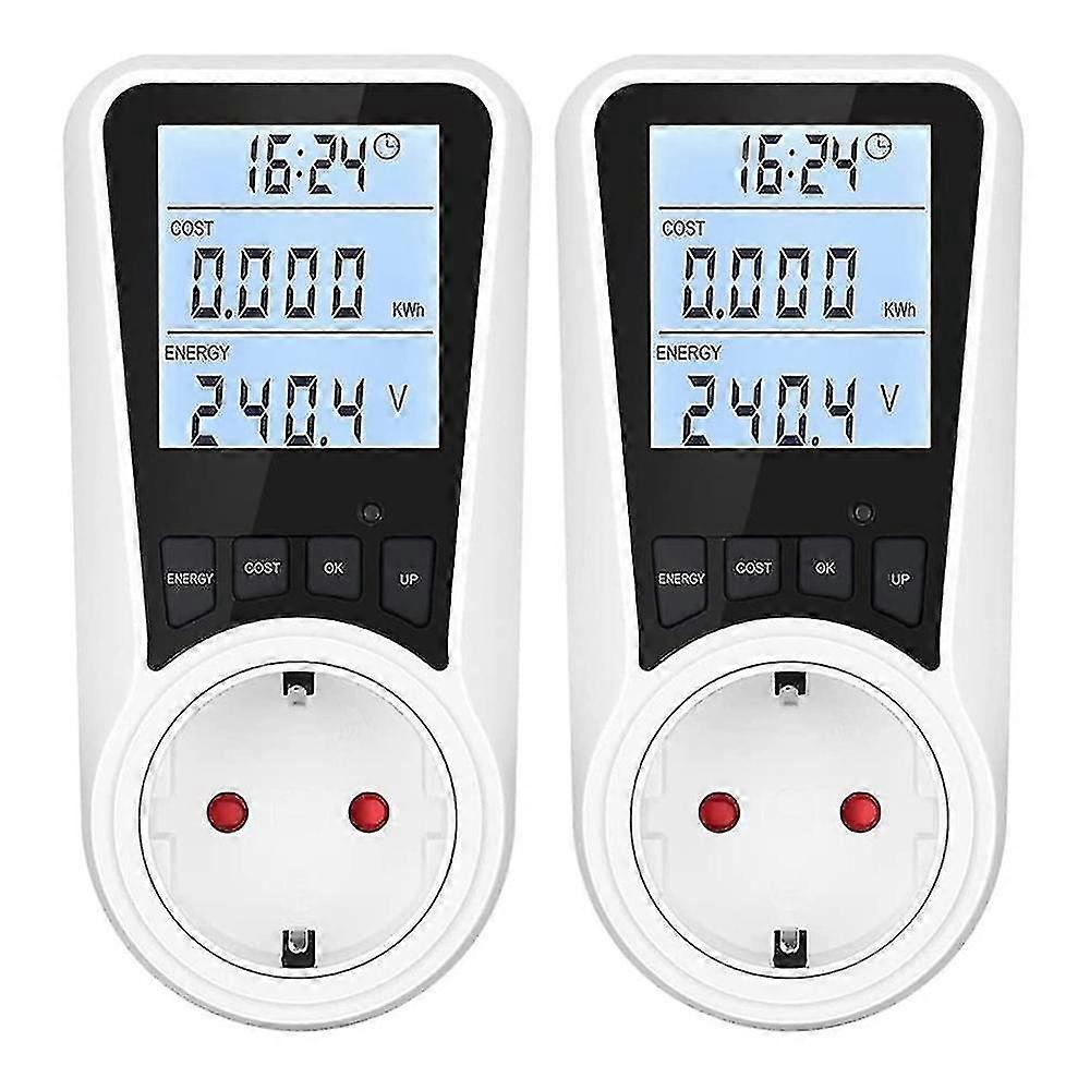 2x Electricity Meter For Socket, With Backlight,lcd Display, Eu Plug