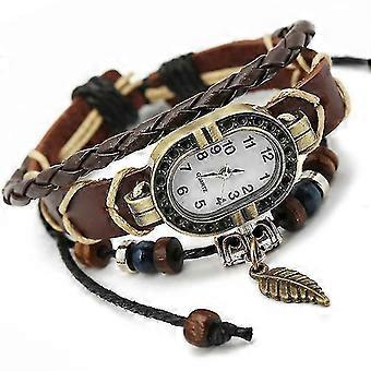 Women Genuine Leather Vintage Quartz Watch Multi Layer Handmade Bracelet Wristwatches Adjustable Length Couple Watch
