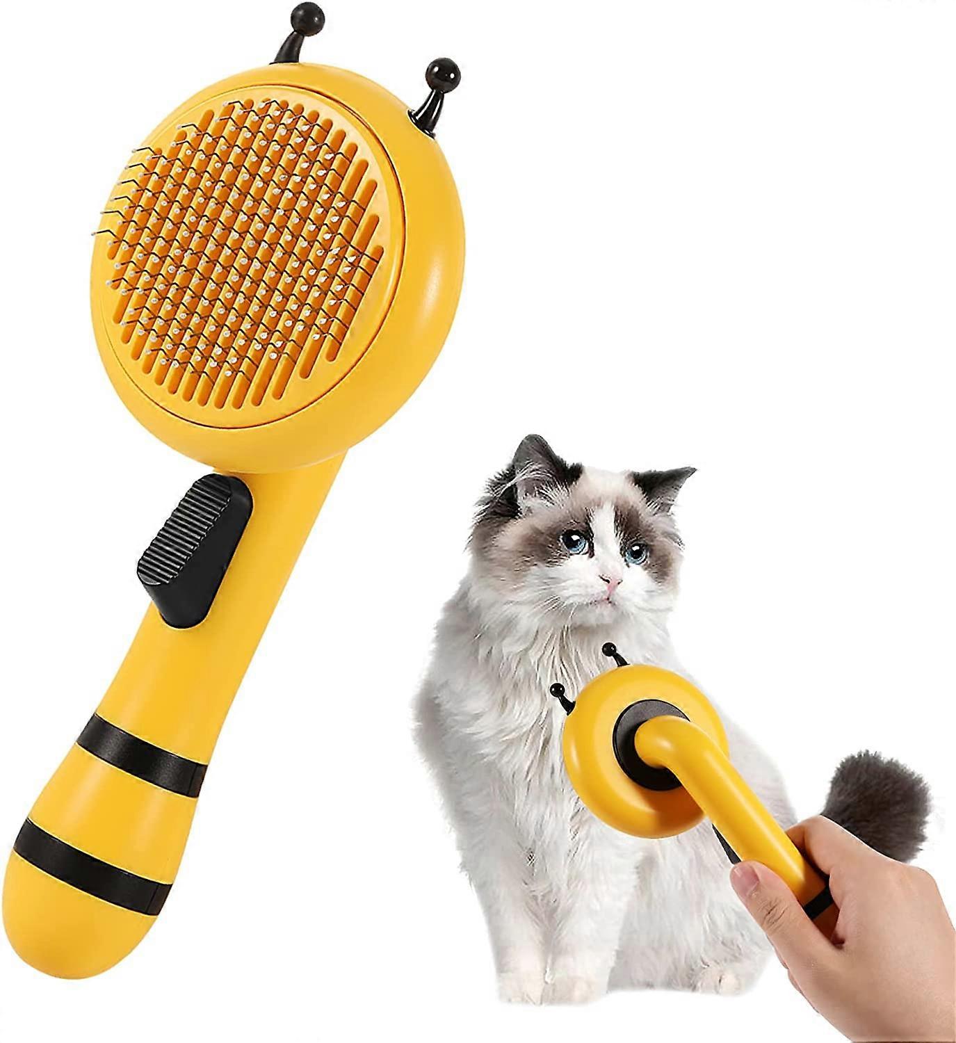 Dog and Cat Brush, Self-Cleaning Brush for Pets, Brush with Ergonomic Handle and One-Button Design for Rabbit Chinchillas - Yellow