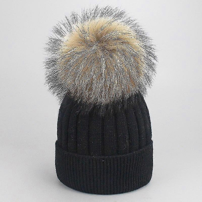 Women's Slouchy Knitted Beanie Hat With Real Raccoon Fur Pom Pom - Winter Warm Crochet Hat