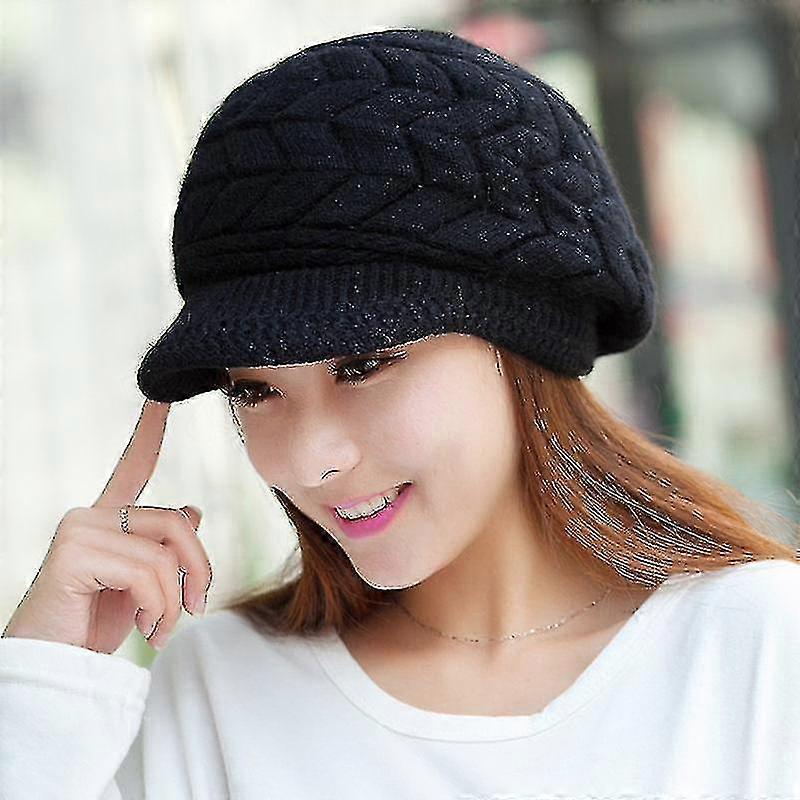Chapéu de malha de inverno feminino boné de esqui de lã com viseira