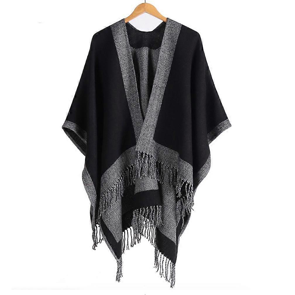 Black-Grey Scarf Elegant Shawl Wrap Warm Poncho with Tassel for Lady