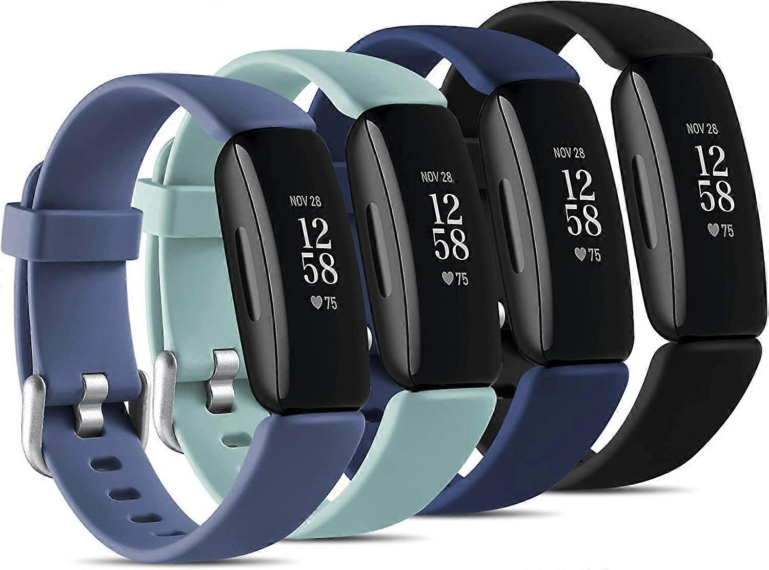 متوافق مع Fitbit Inspire 2 Bands للرجال للنساء ، (4 عبوات) أحزمة بديلة من السيليكون الناعم ل Inspire 2 ، أزرق كبير رمادي / أسود / أزرق / أكوا