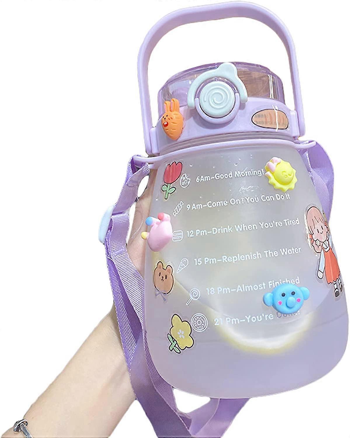 Bouteille d’eau, bouteilles d’eau de grande capacité de 1,3 L avec autocollant kawaii 3D et marqueur de temps et sangle portable
