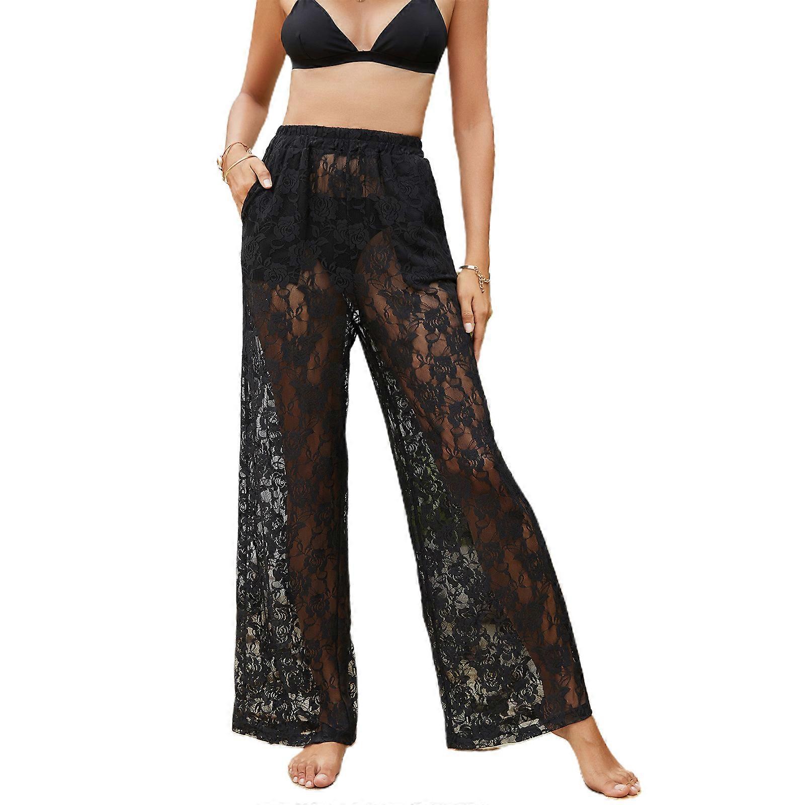 Womens Sheer Mesh Cover Up Pants High Waist Sexy Hollow Out Floral