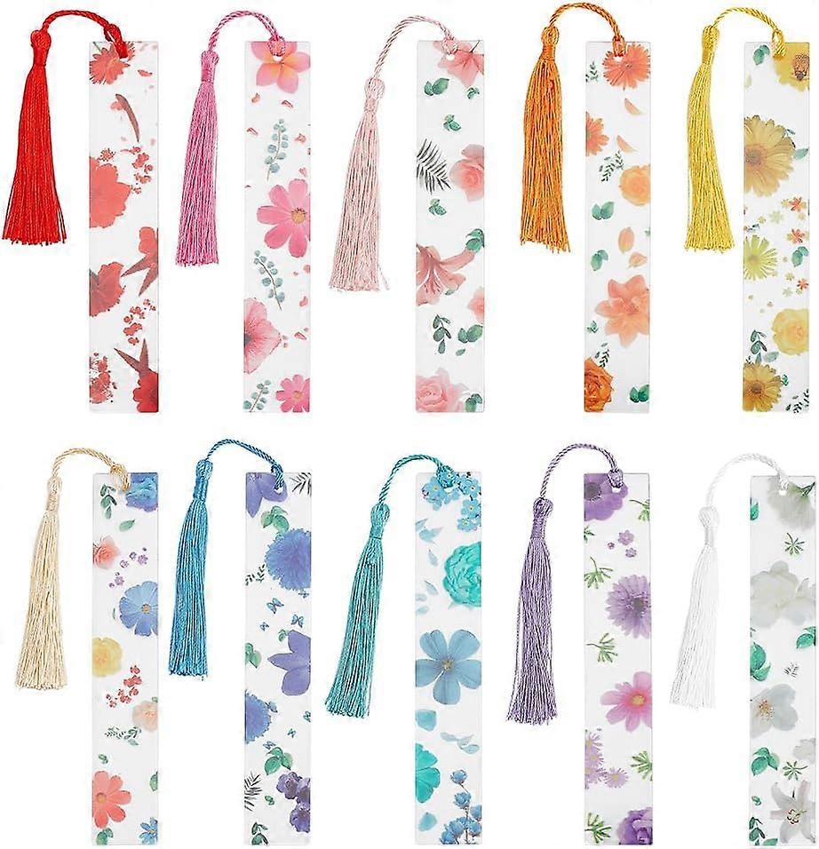 20 Pieces 10 Colors Acrylic Dried Flower Bookmarks Embossed Bookmarks with Tassels Handmade Transparent Plant Bookmarks Dried Flower Page Marker Bookm