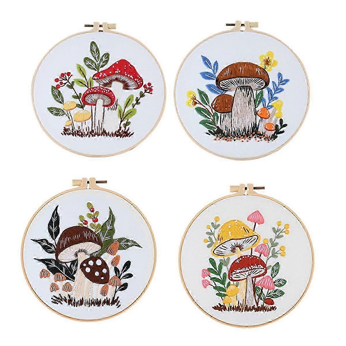 4 Sets Embroidery Kit For Beginners Adults, Hand Embroidery Kit Includes Agaric, Hoop, Color Thread