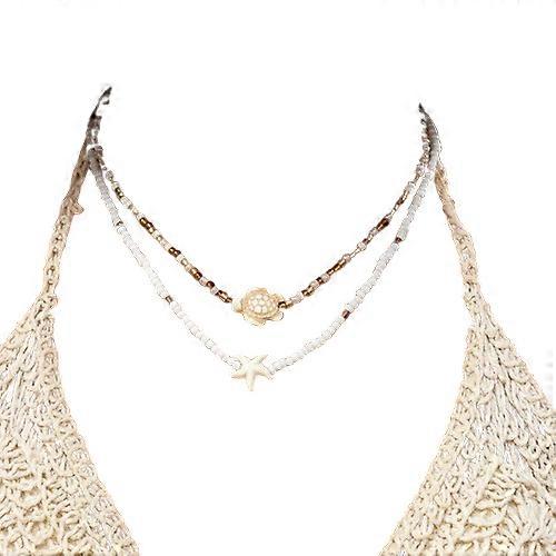Boho Double-deck Rice Beads Starfish Pingente Colar Set Moda Verão Praia Mar Shell Multicamadas Colar Jóias Acessórios
