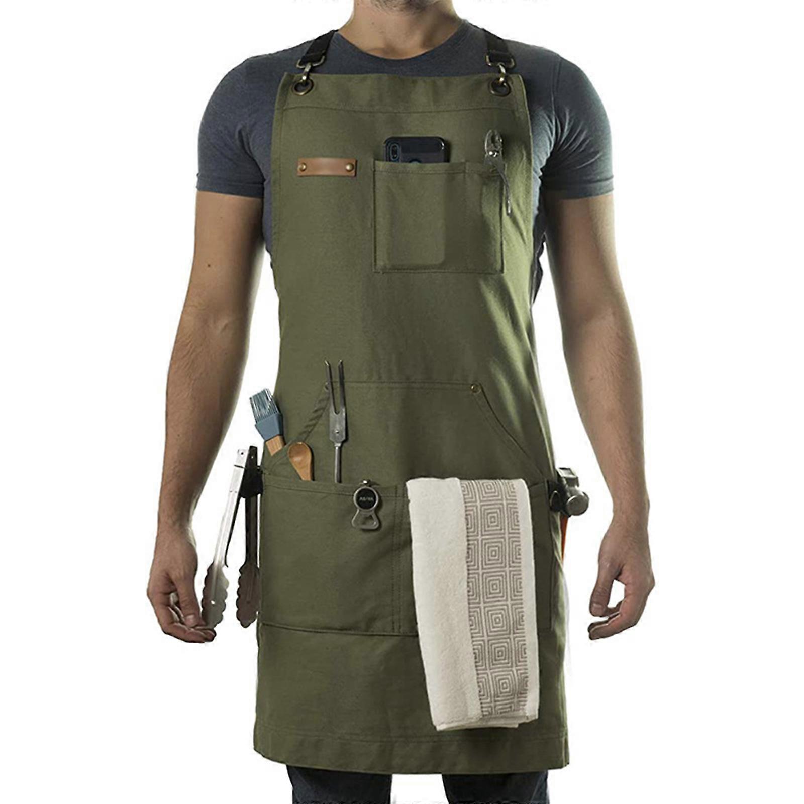 Stenffy Cotton Canvas Aprons,Multiple Pockets,Adjustable Cross Back Weight Apron,BBQ and Chef Aprons for men  ArmyGreen