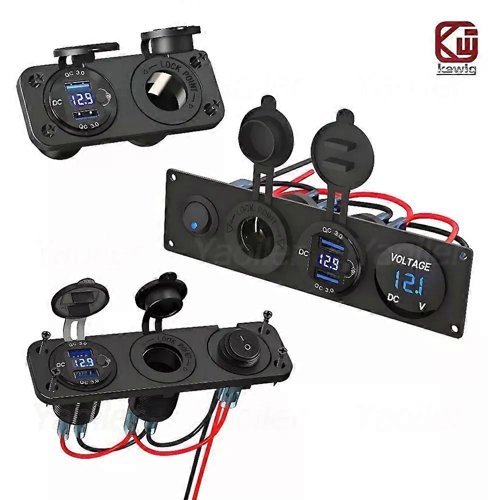 12V RV USB Outlet Panel Dual QC30 Cigarette Lighter Socket Splitter with Rocker Toggle & LED Voltmeter for Car Marine Golf Cart