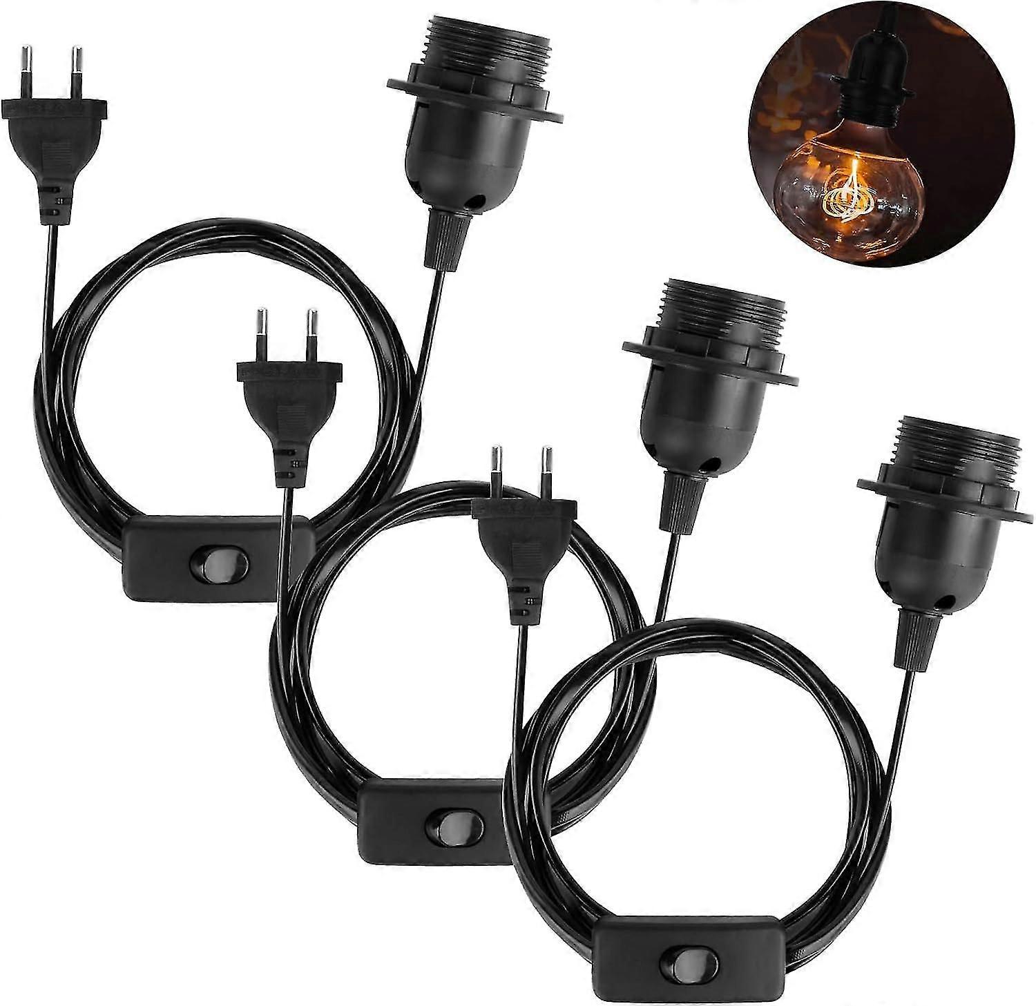 E27 Socket with Switch, 3 Pieces E27 Lamp with and Power Cord, E27 Lamp Socket with 1.8m Socket Cable and Switch, AC 220V 2A (max.80W)
