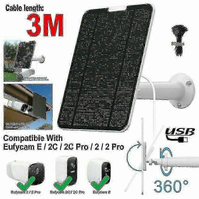 Solar Panel For Eufycam 2/2c/2c Pro/e/2 Pro 4w Mount Bracket 13ft Cable Black
