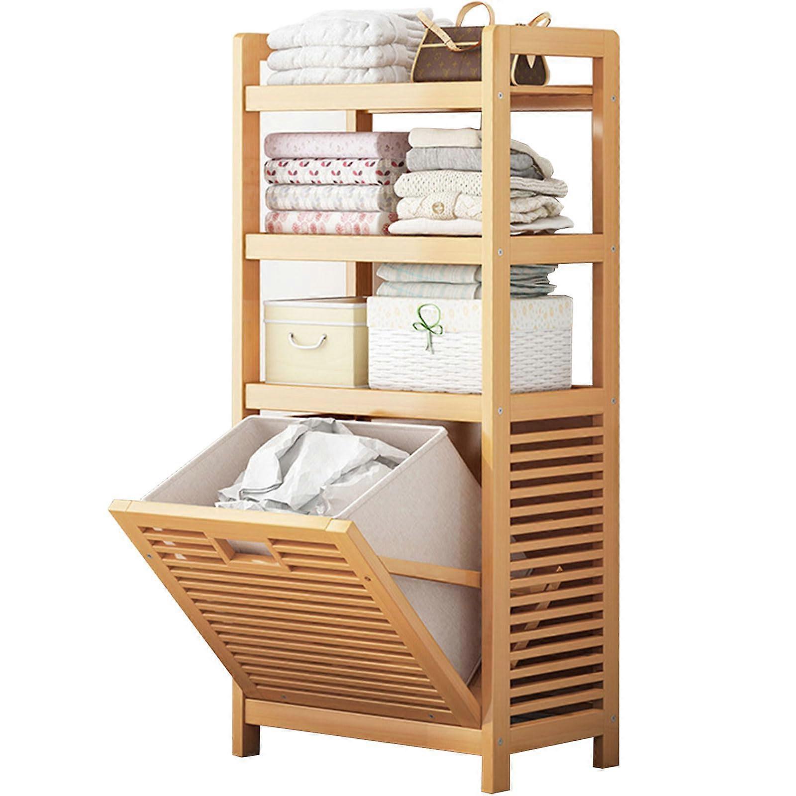 laundry hamper bamboo, Tilting Linen Individual Sorter Laundry with Handle, 3 storage shelves