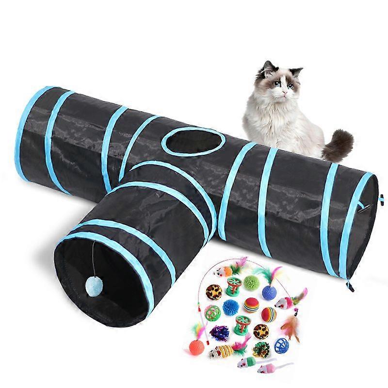 Interactive, foldable and lightweight 3-tunnel labyrinth made of crinkle fabric with pom pom and bells for cats, small rabbits, kittens, puppies, ferr