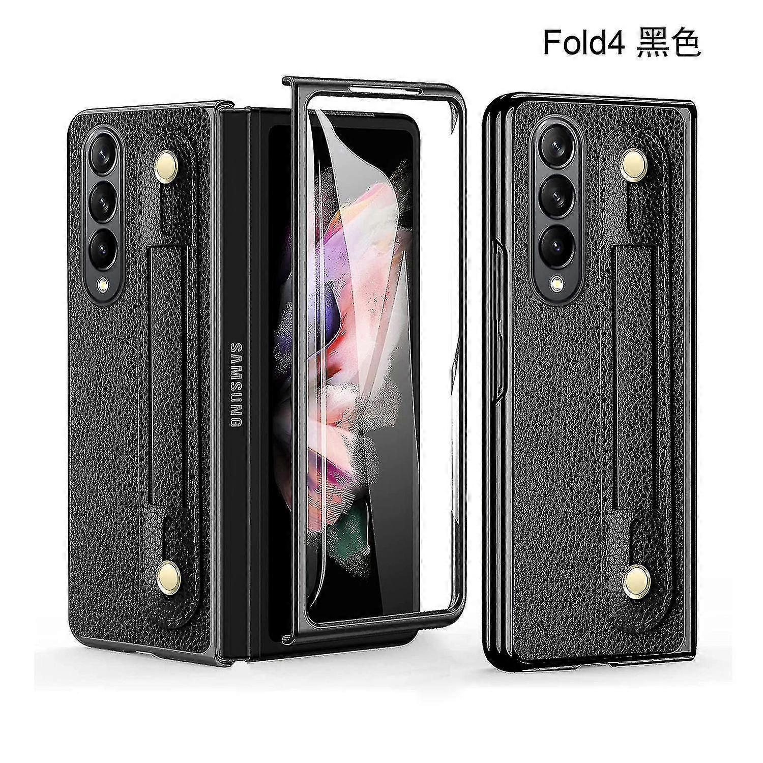 Leather Case Compatible Samsung Galaxy Z Fold 4 With Screen Protector Strap Bracelet Retractable Shockproof