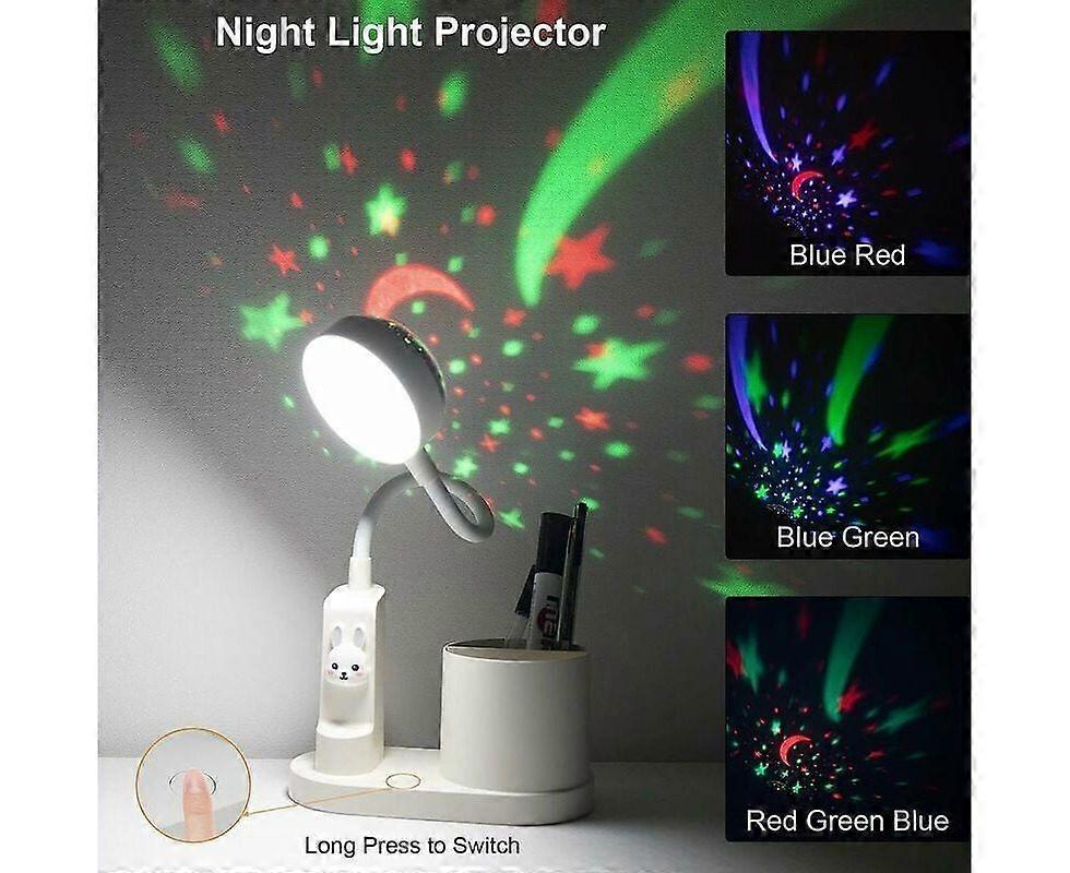 Kids Desk Lamp & Star Projector with Pen Holder - Color Changing, Eye Protection, Dimmable, Rechargeable Gooseneck
