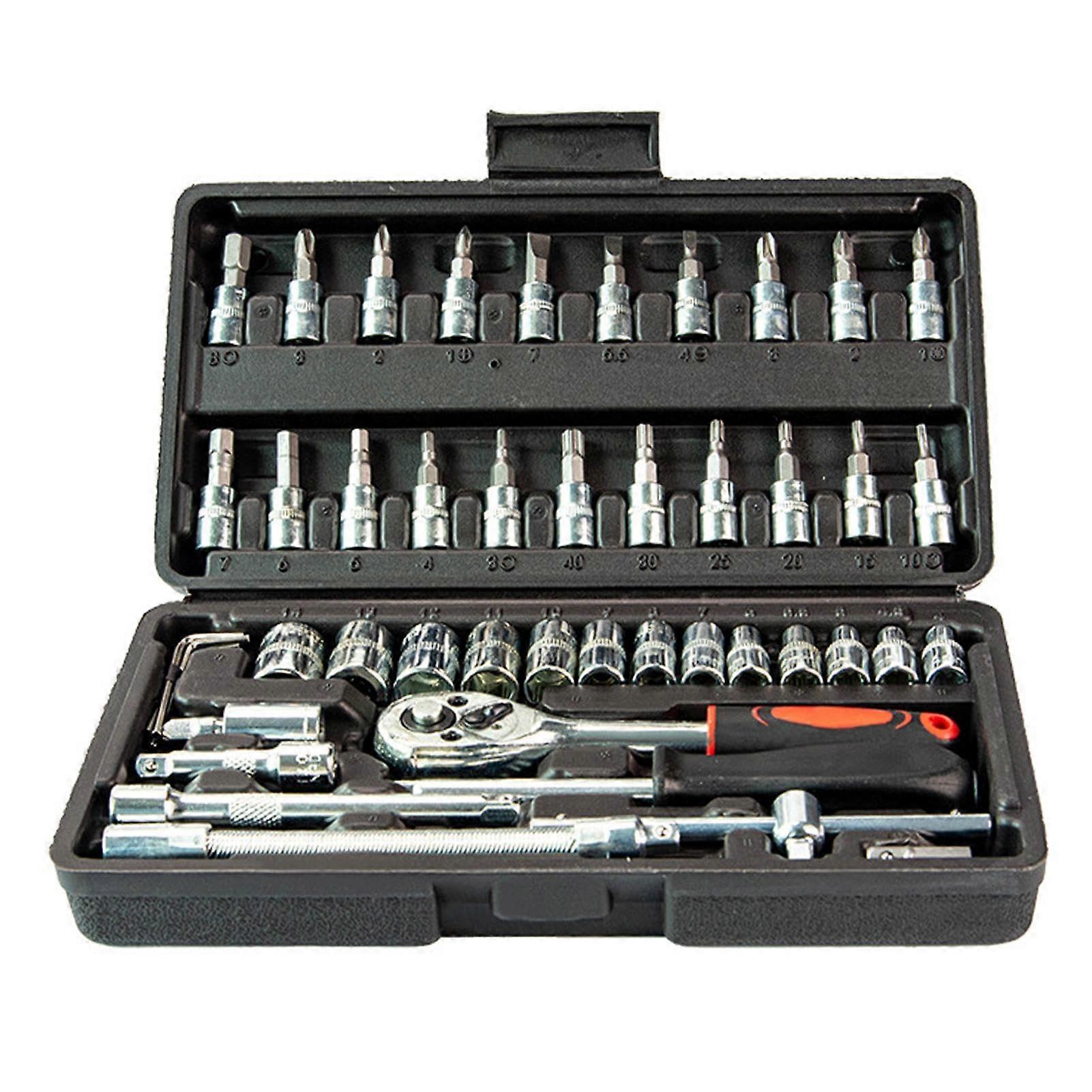 Socket Spanner Set 46-Piece Cr-V Steel With 1/4 Inch Reversible Ratchet Bit Set Spanner Inserts Tool Case