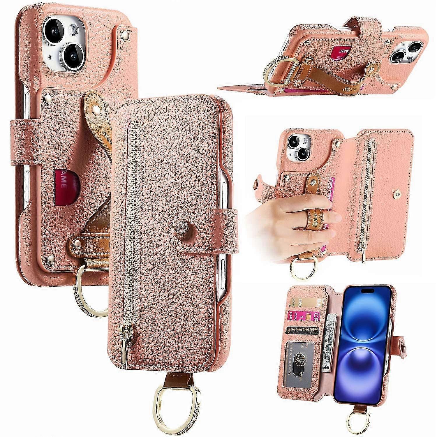 Pink RFID Blocking Zipper Wallet Case for Mobile Phones Suitable for Certain Brand - PU Leather Cover for iPhone 14