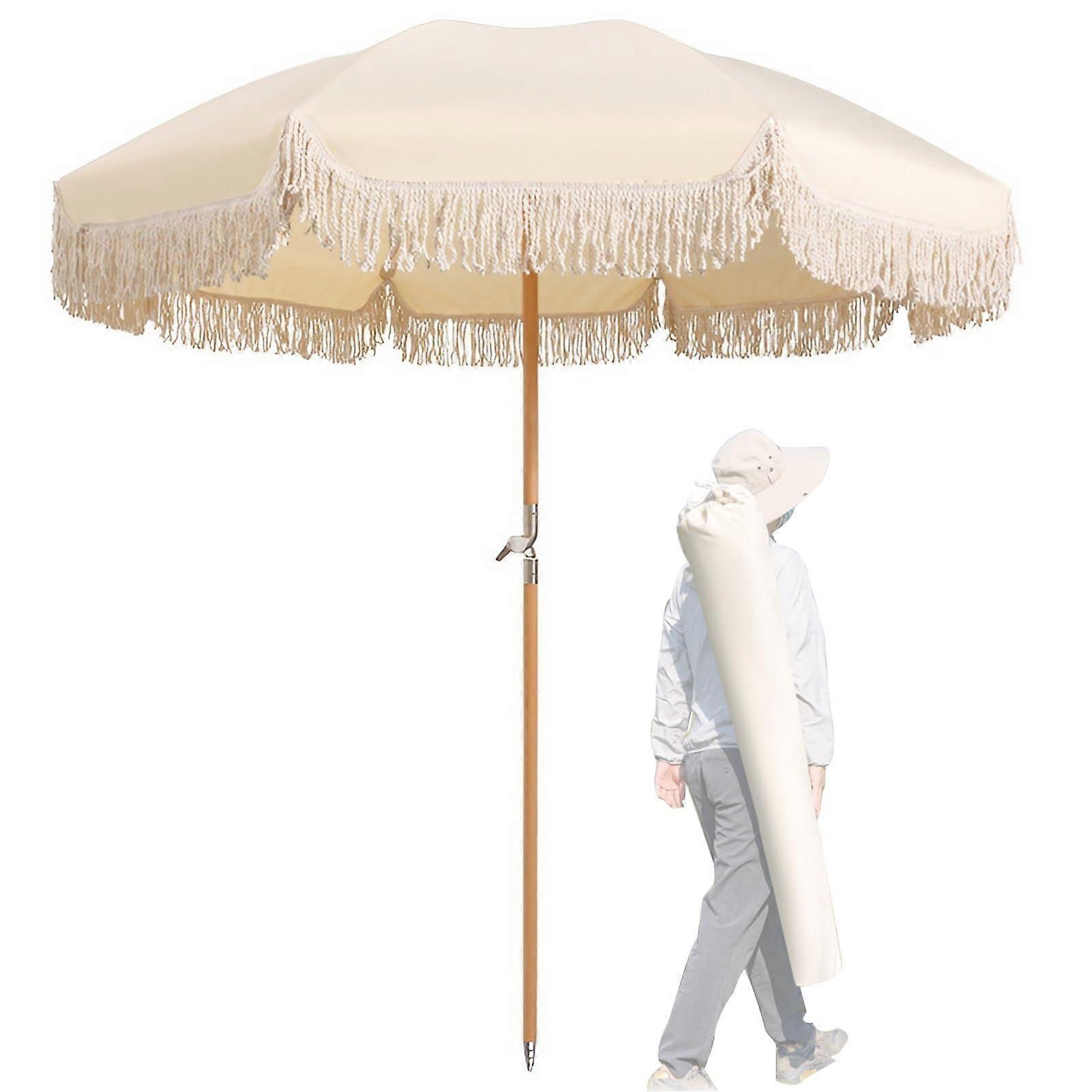 Boho Beach Umbrella with Tassels and Sturdy Wooden Pole, Foldable for Outdoor