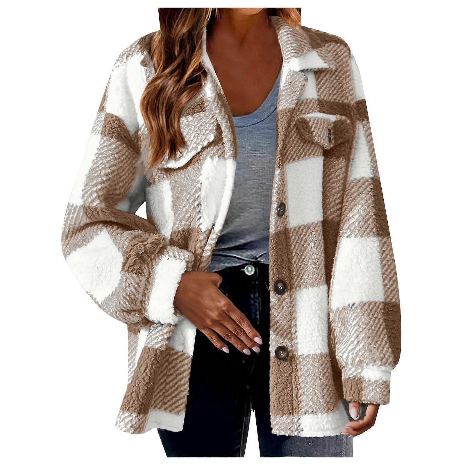 Teddy Jacket Womens Checked Fleece Jacket Button Front Shacket With Pockets XXL Warm Plush