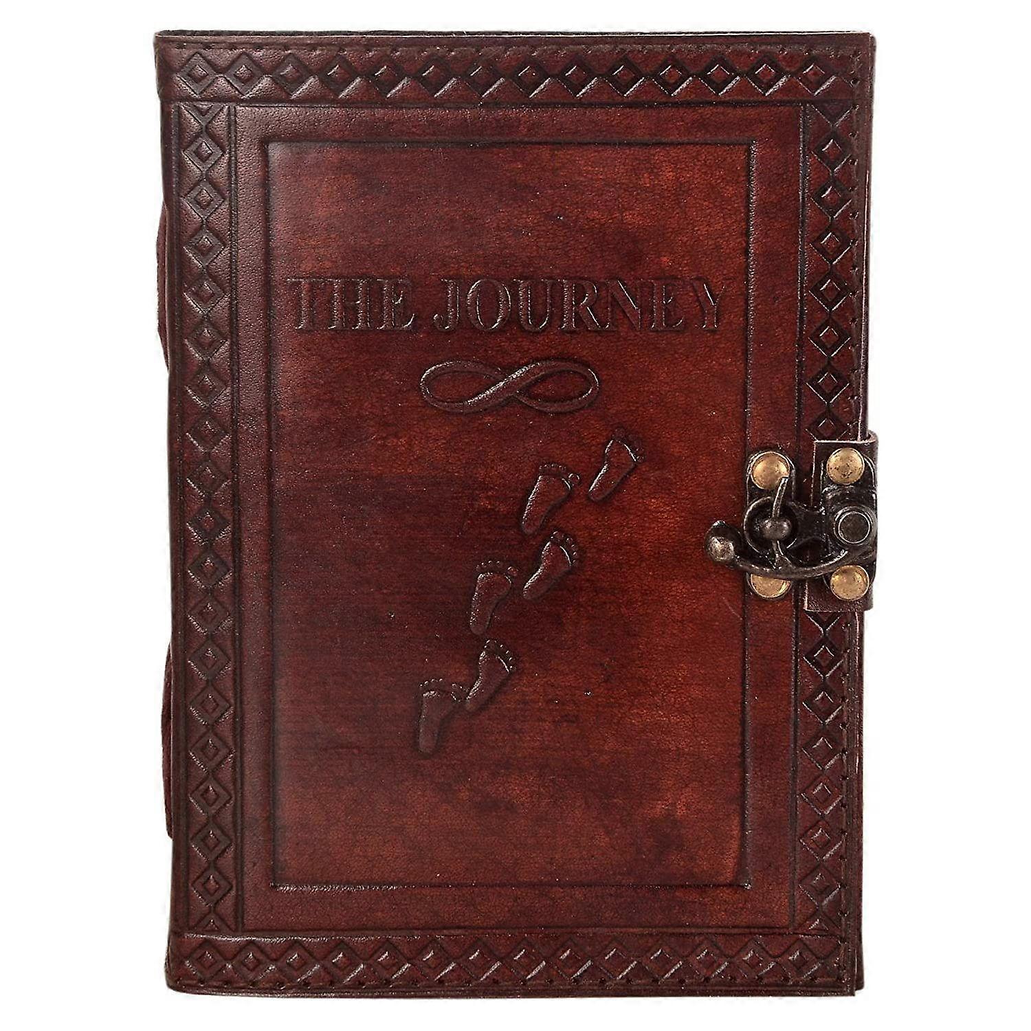 Handmade Leather Diary Embossed with star, journey & double wolf Diary with Antique Lock. Size 5 X 7 inches.