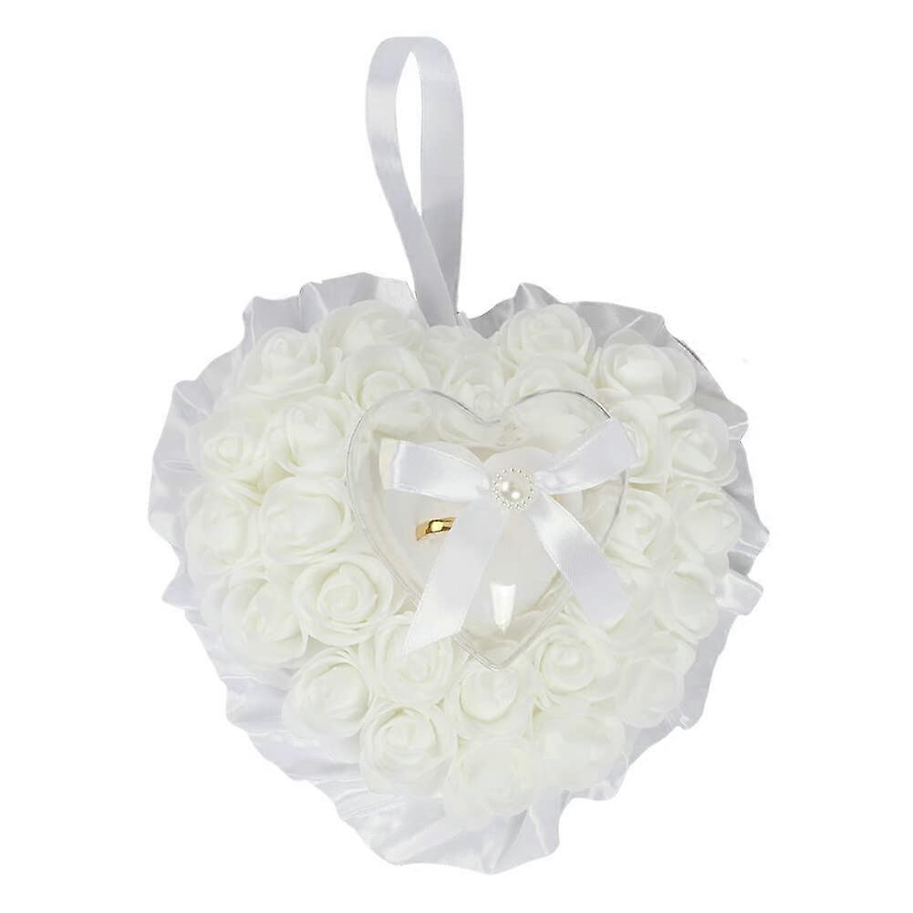Heart Shape Wedding Ring Cushion Holder with Satin Flowers and Bow, Elegant White Ring Box for Engagement and Ceremony