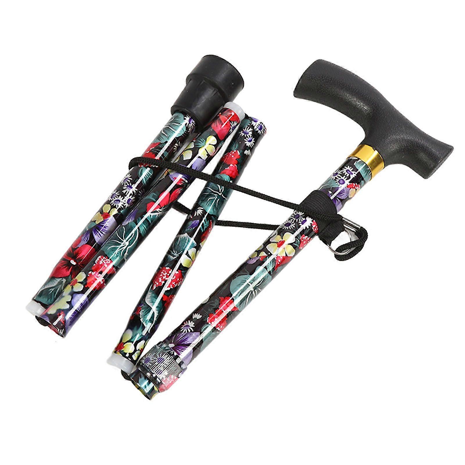Folding Walking Cane Floral Printing T Type Handle Elderly Walking Stick for OutdoorsYMMR)