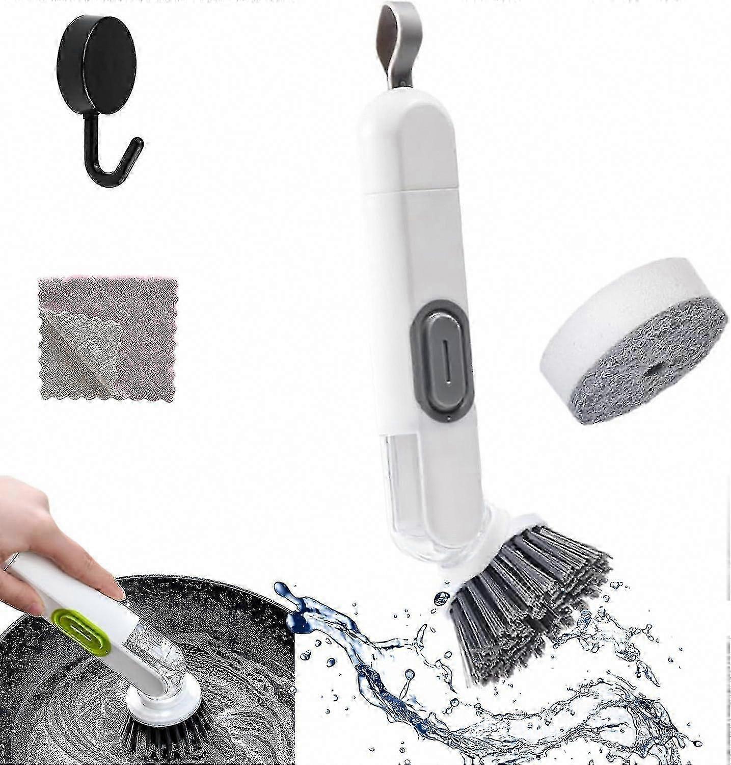 Multi-Functional Long Handle Liquid-Filled Cleaning Brush for Kitchen with Replaceable Head (Red)