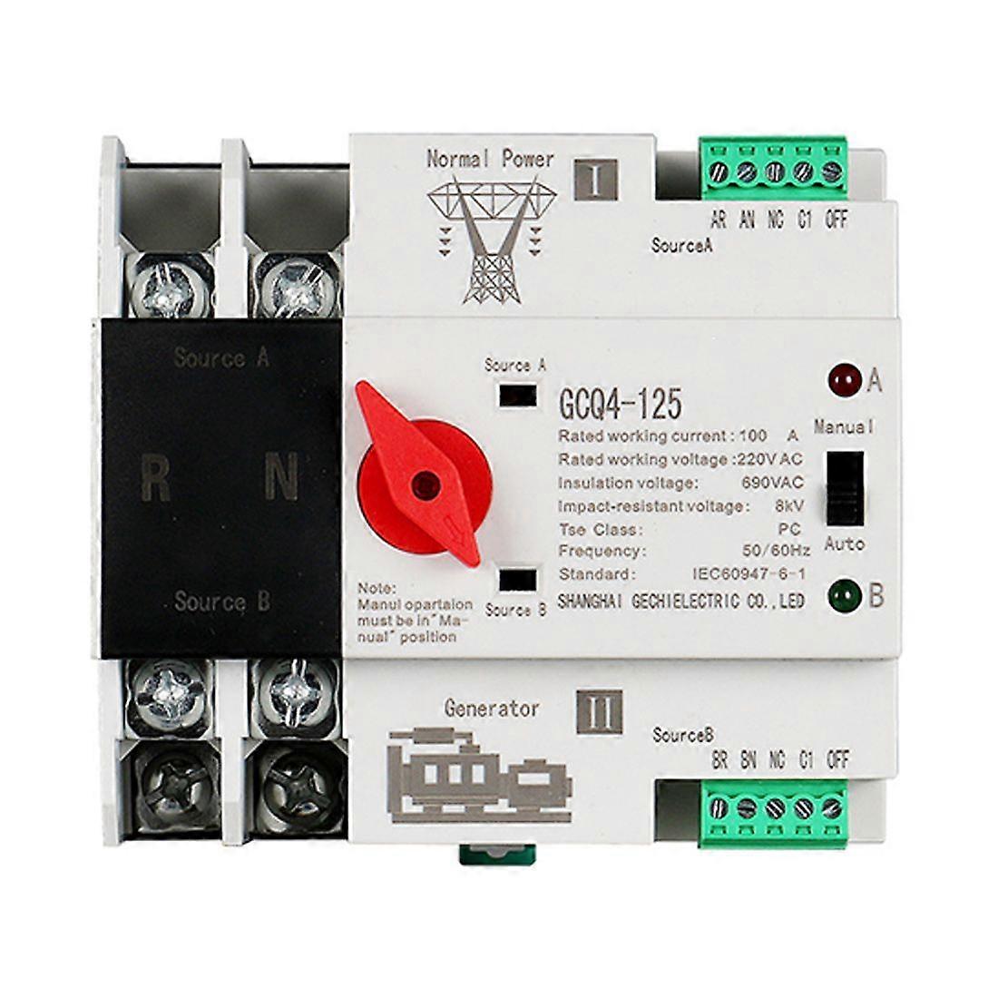Single Phase Din Rail ATS 220V PC Dual Power Transfer Switch 2P 100A