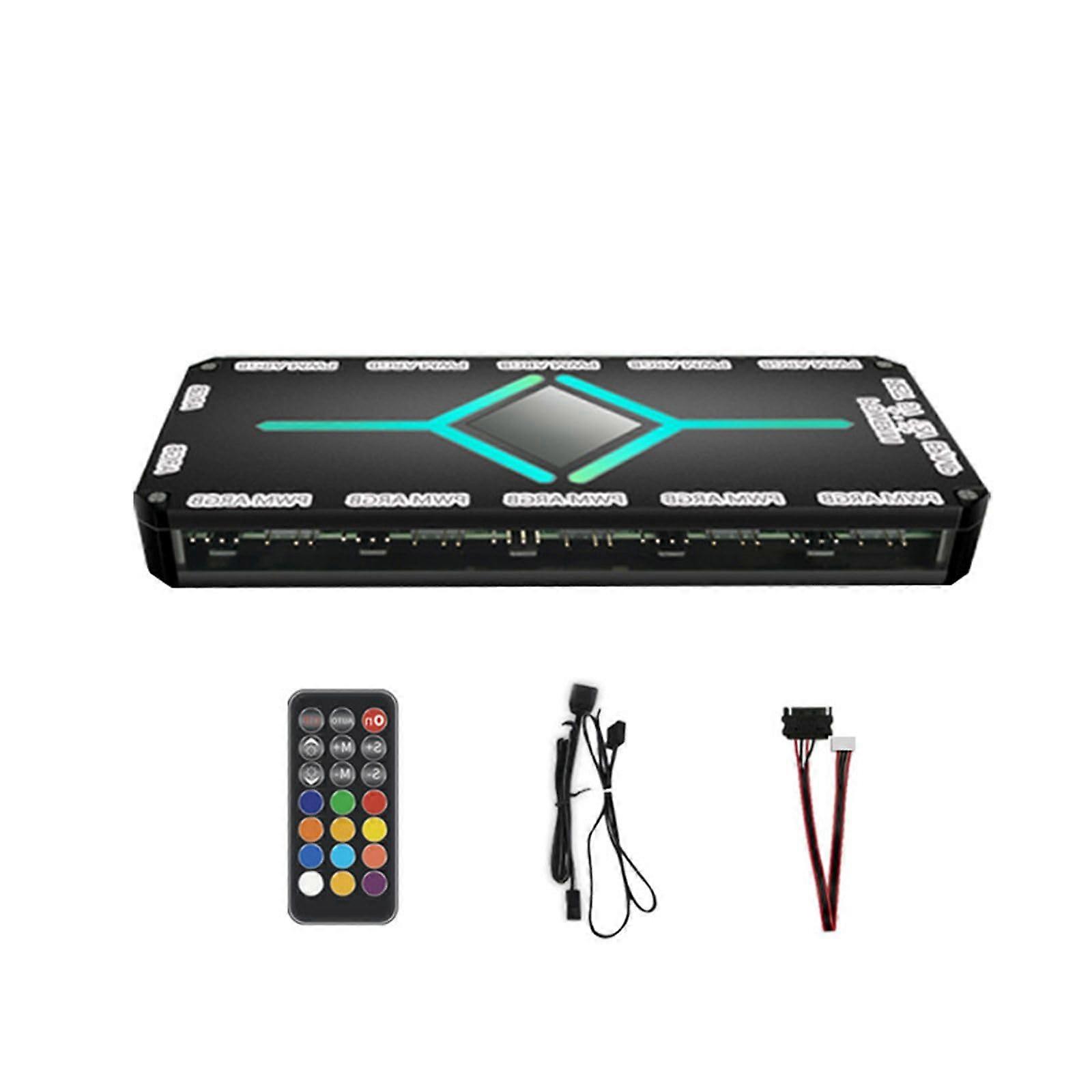 12-Port ARGB Controller and 10-Port Fan Hub with Remote, 5V 3-Pin, Efficient PC Build, Black