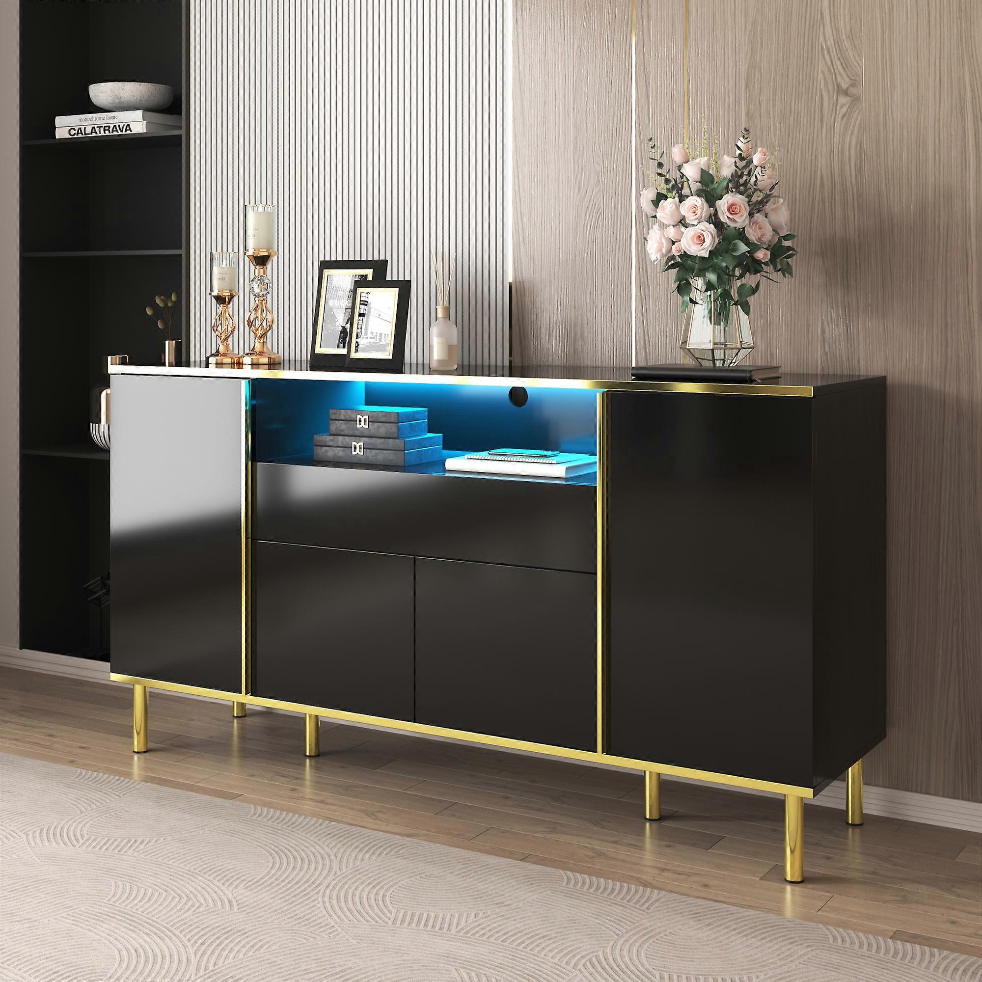 kashemano modern black side cabinet, open compartments , LED lighting